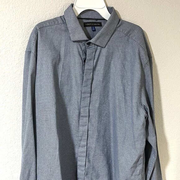 Vince Camuto Mens Shirt Long Sleeve Blue Gray Jacquard Weave Concealed Button XL - Picture 1 of 6